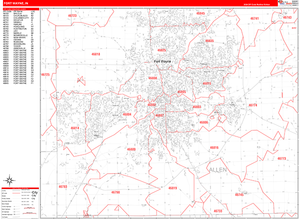 Fort Wayne City Wall Map Red Line Style